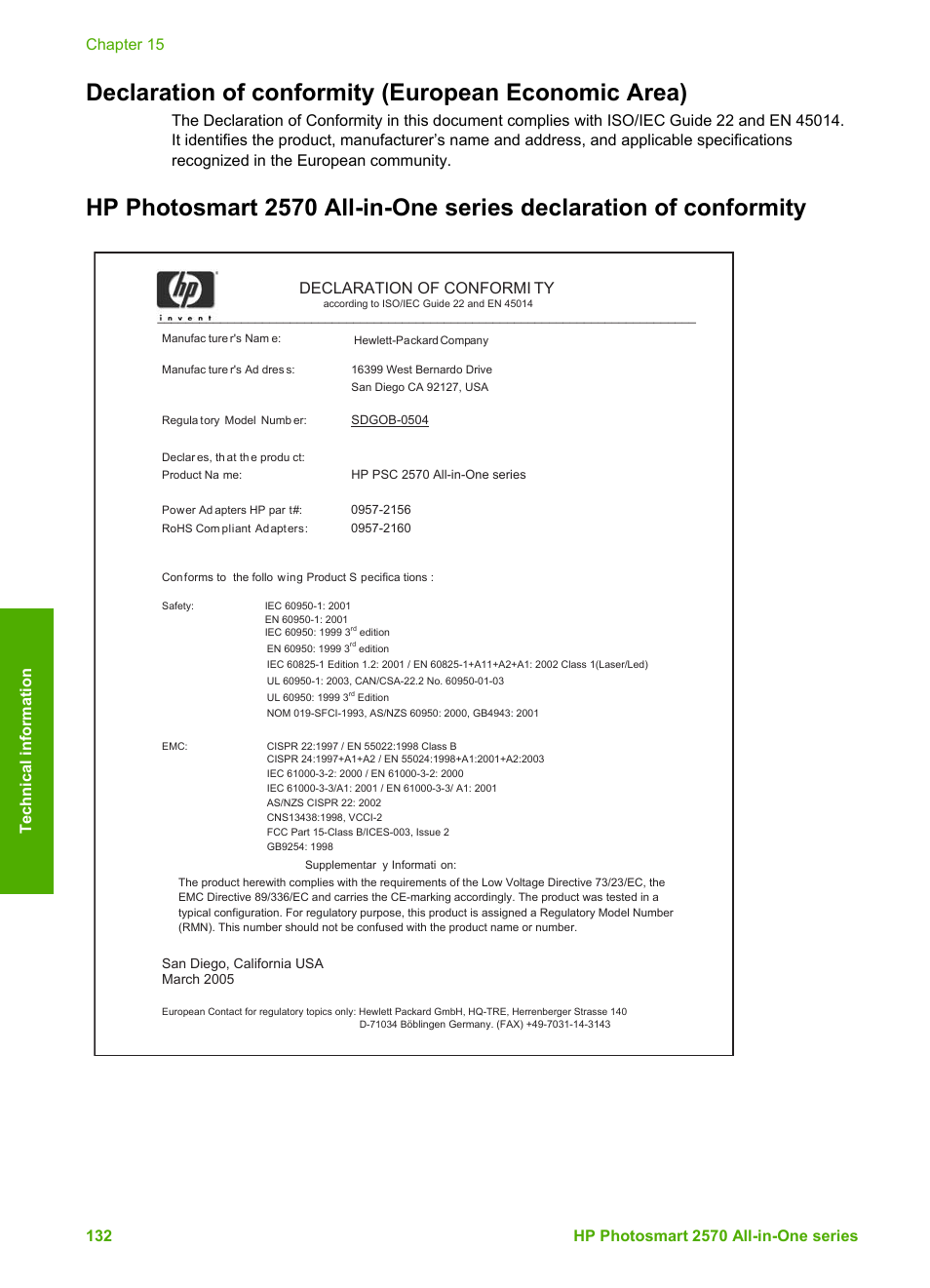 Declaration of conformity (european economic area), Declaration of conformi ty | HP 2570 User Manual | Page 135 / 142