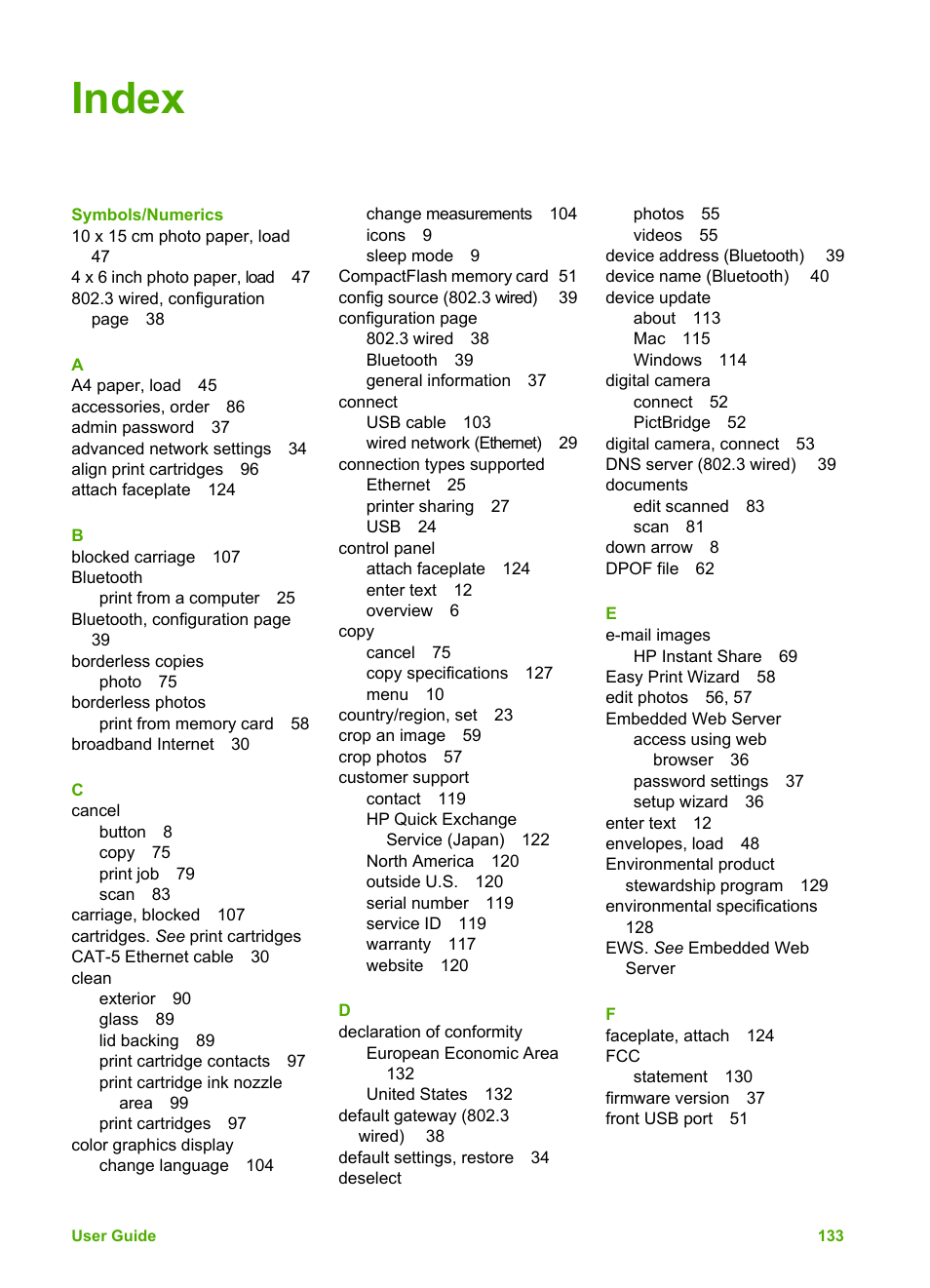 Index | HP 2570 User Manual | Page 136 / 142