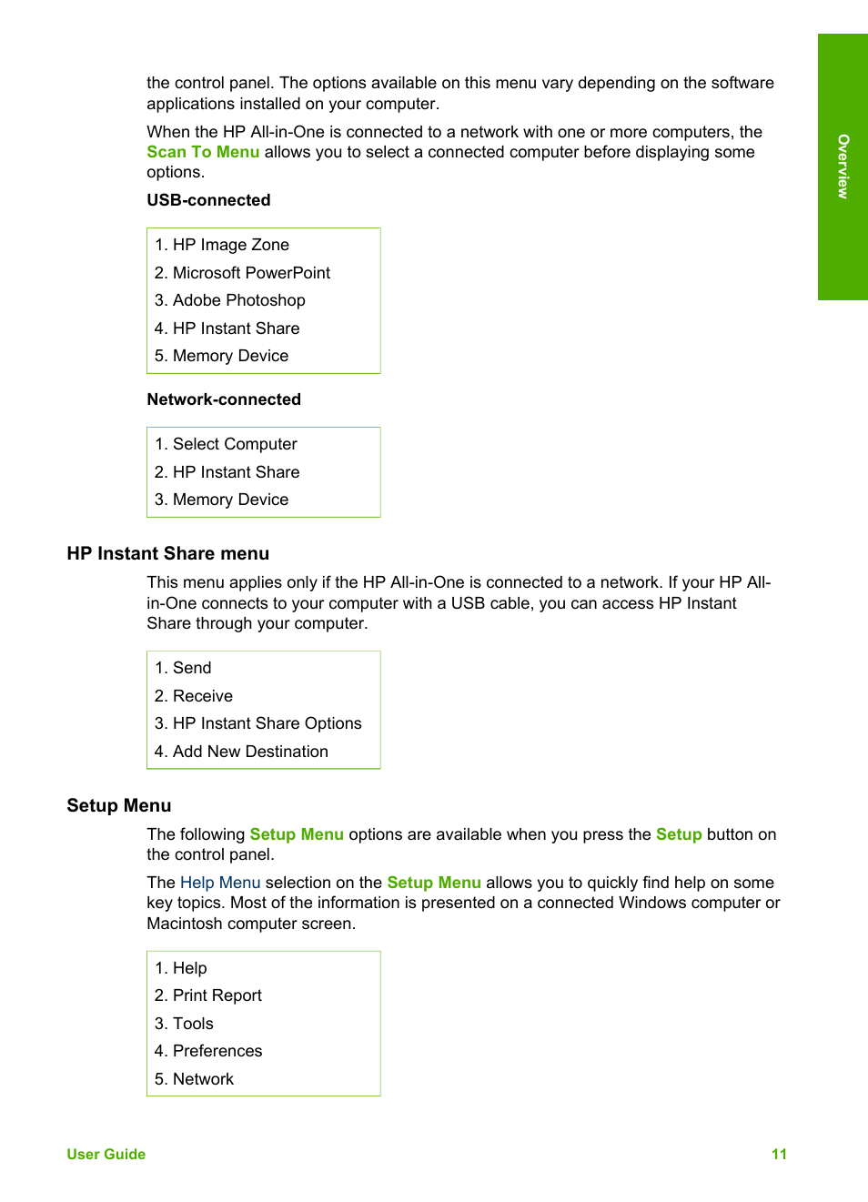 Hp instant share menu, Setup menu | HP 2570 User Manual | Page 14 / 142