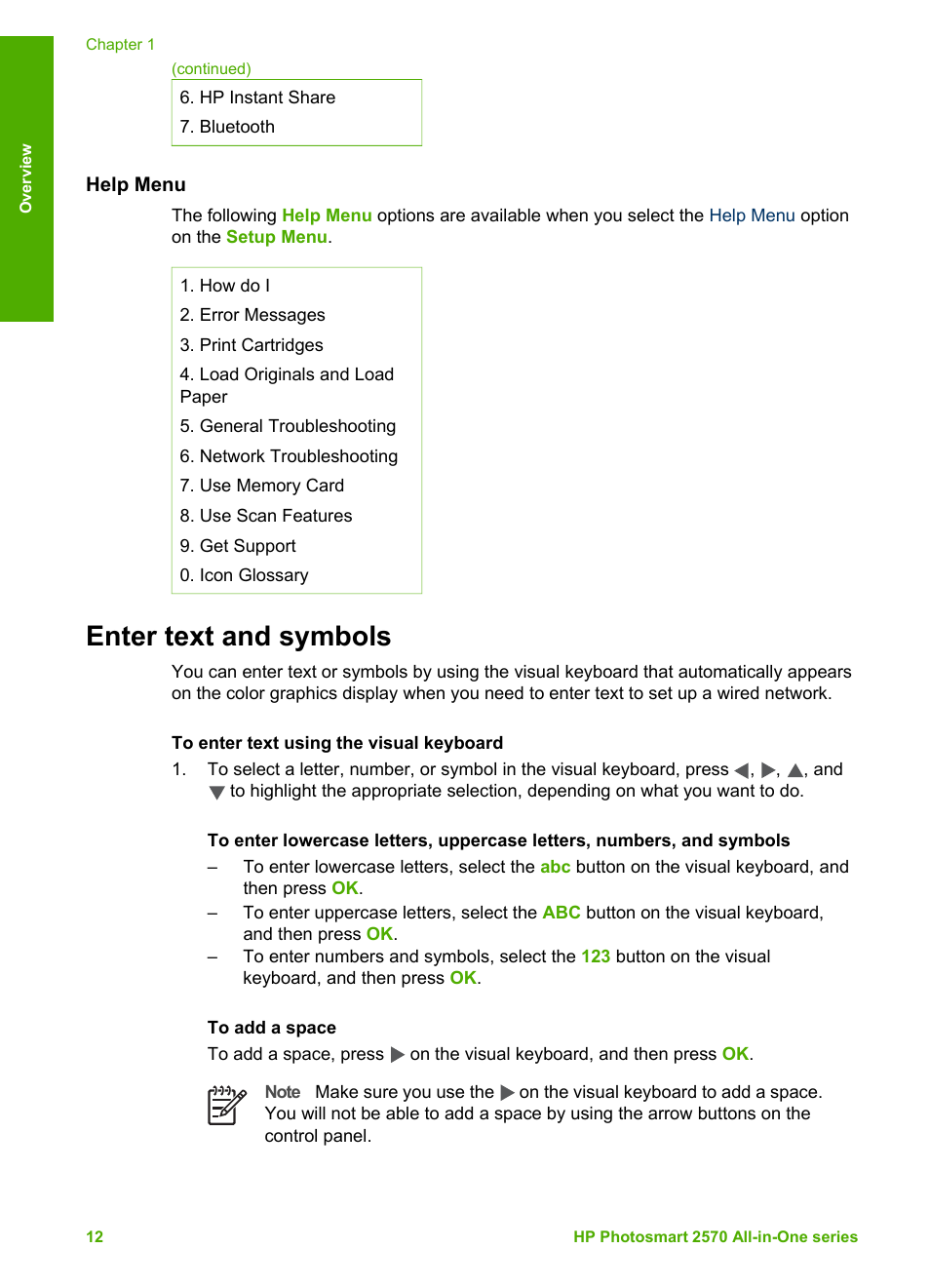 Help menu, Enter text and symbols | HP 2570 User Manual | Page 15 / 142