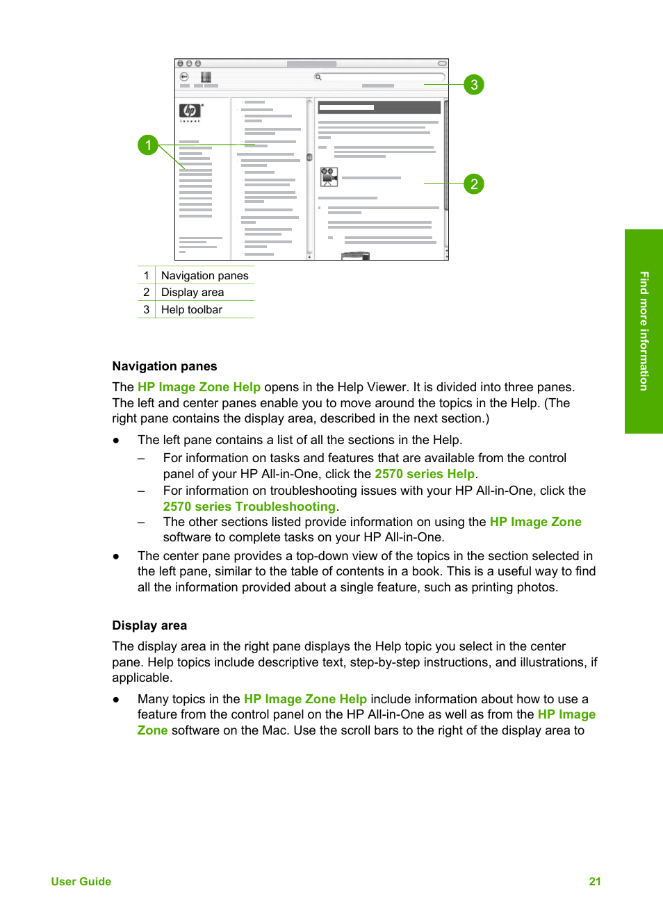 Navigation panes, Display area | HP 2570 User Manual | Page 24 / 142