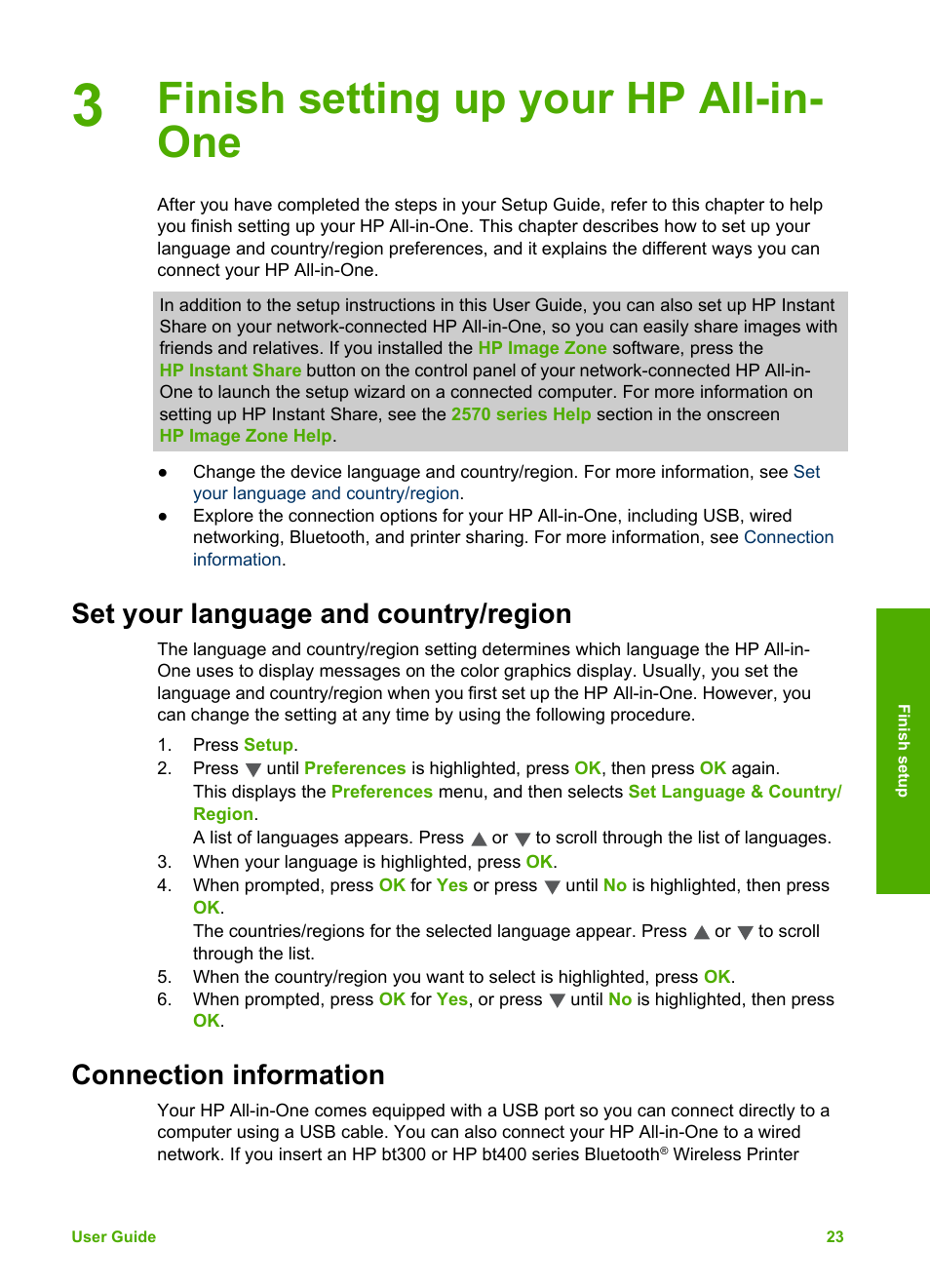 Finish setting up your hp all-in-one, Set your language and country/region, Connection information | Connection, Information, Finish setting up your hp all-in- one | HP 2570 User Manual | Page 26 / 142