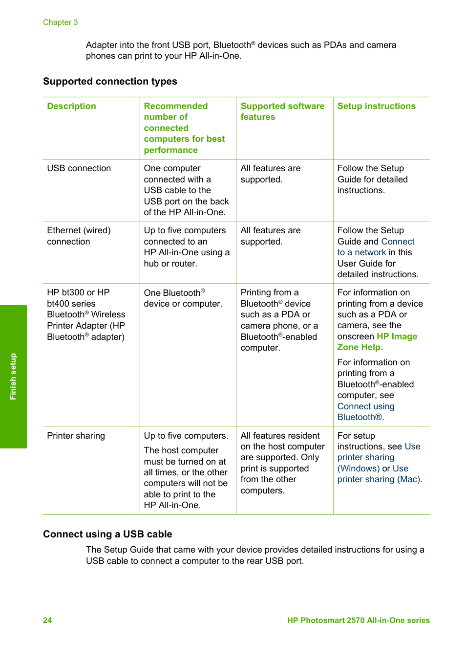 Supported connection types, Connect using a usb cable | HP 2570 User Manual | Page 27 / 142