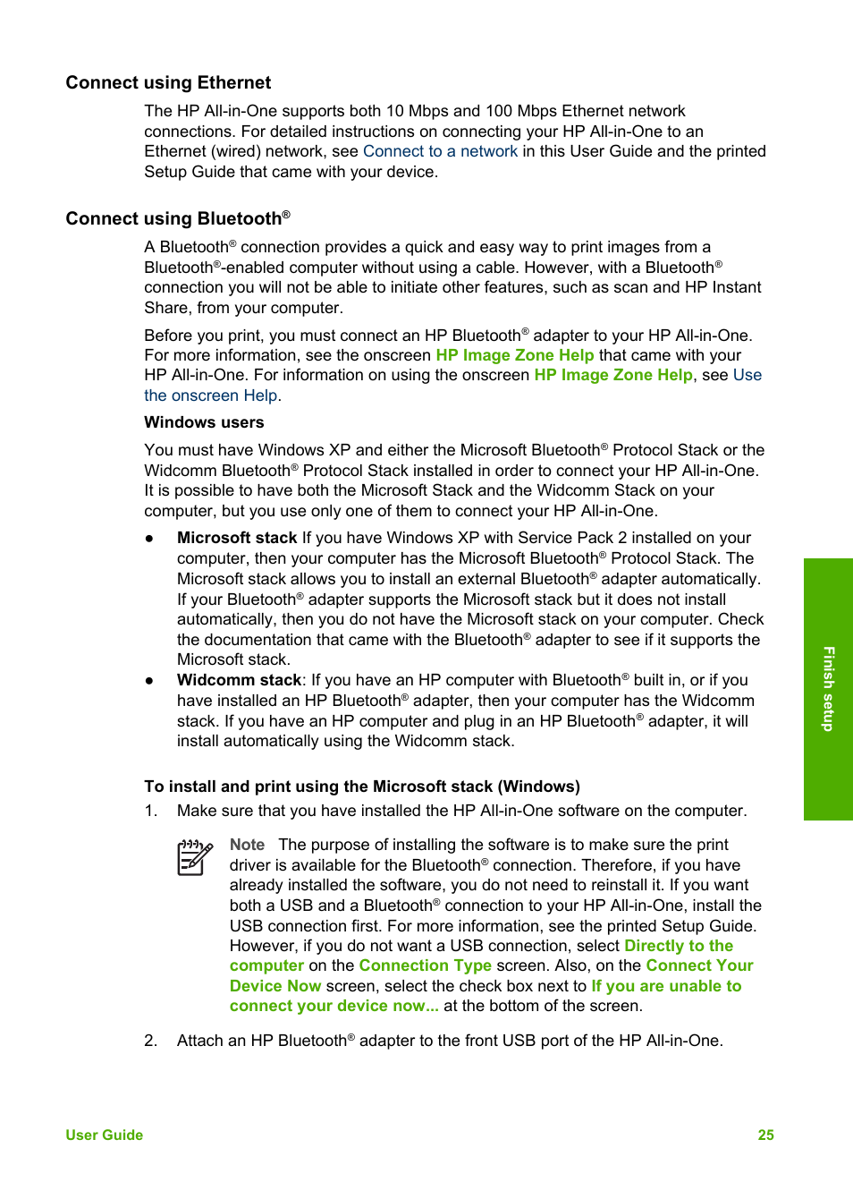 Connect using ethernet, Connect using bluetooth | HP 2570 User Manual | Page 28 / 142