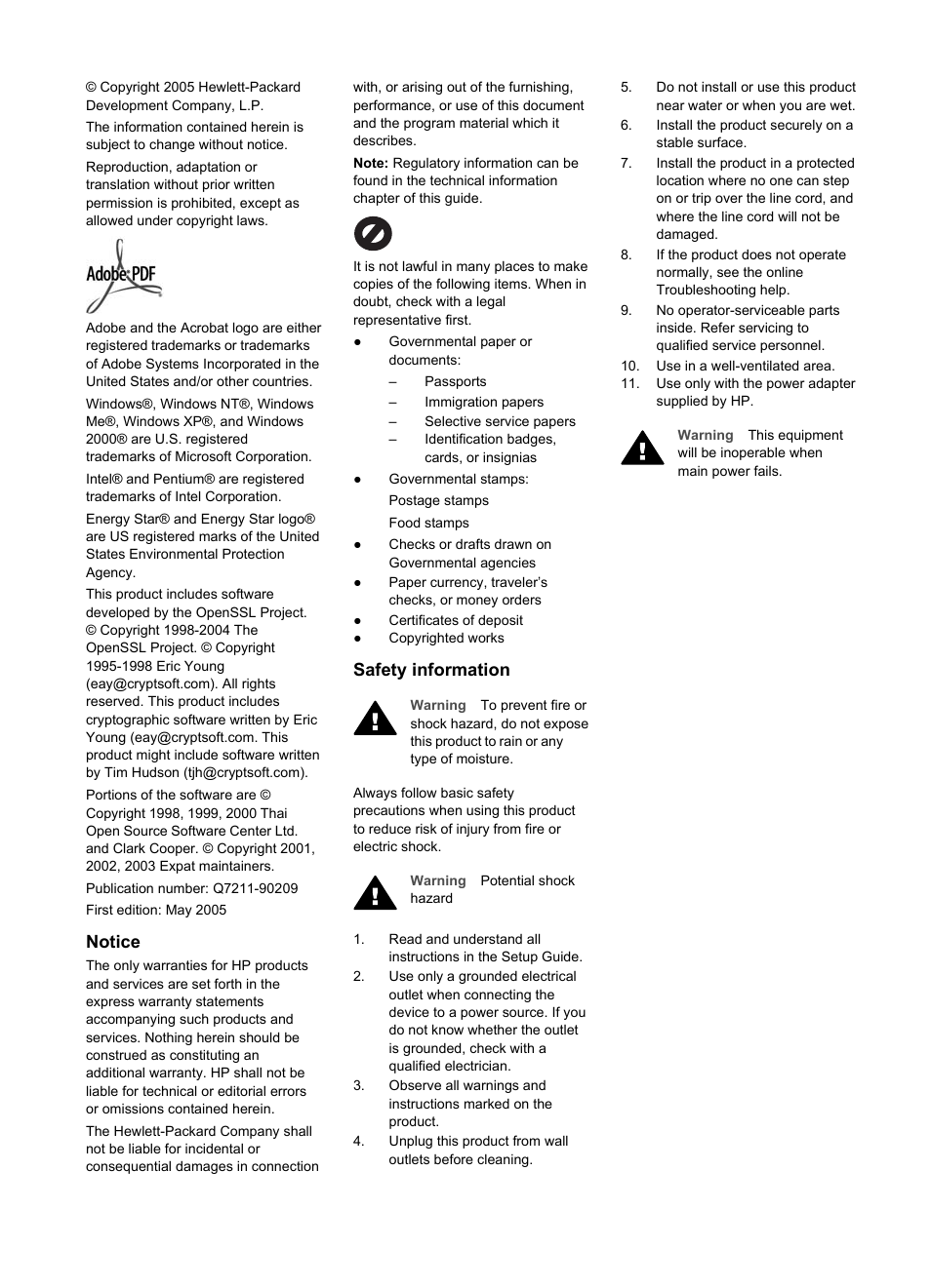 Notice, Safety information | HP 2570 User Manual | Page 3 / 142