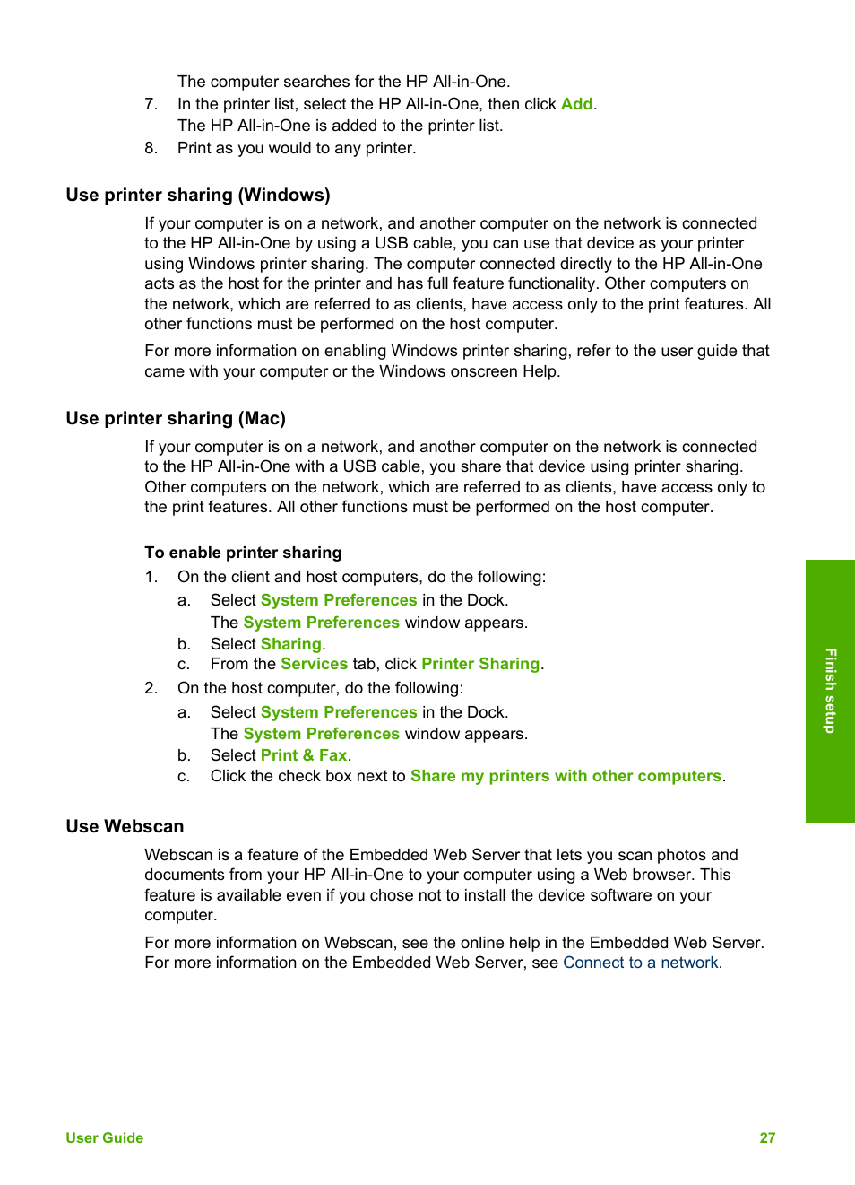 Use printer sharing (windows), Use printer sharing (mac), Use webscan | Printer sharing (windows), Printer sharing (mac) | HP 2570 User Manual | Page 30 / 142