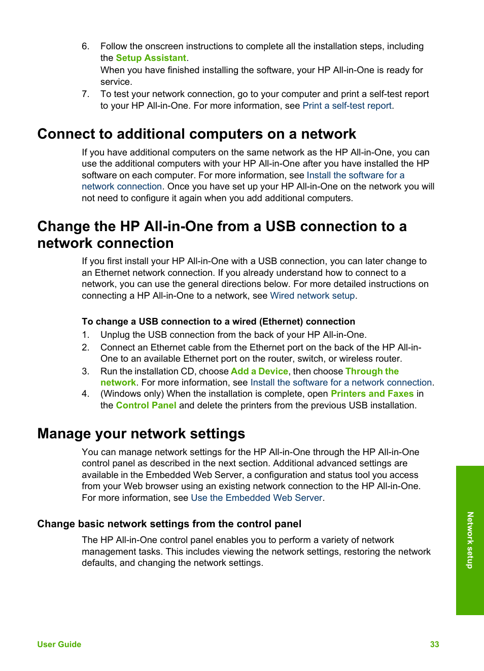 Connect to additional computers on a network, Manage your network settings, View and print network settings | HP 2570 User Manual | Page 36 / 142