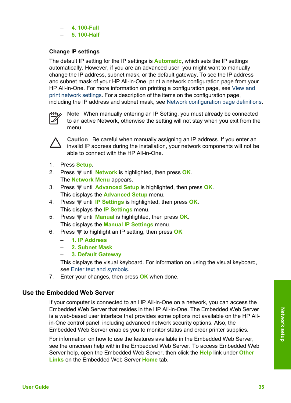 Change ip settings, Use the embedded web server | HP 2570 User Manual | Page 38 / 142