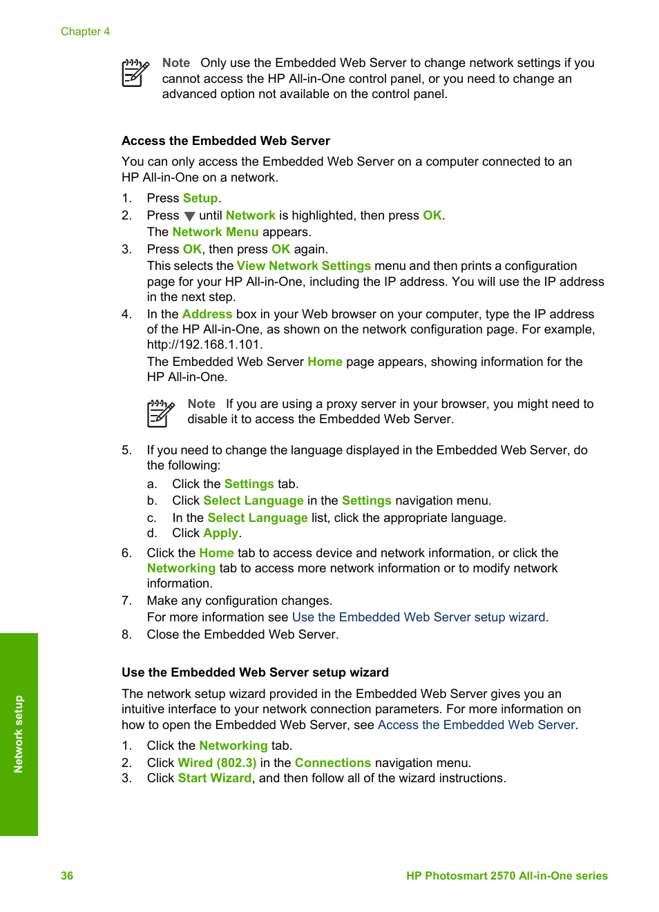 Access the embedded web server, Use the embedded web server setup wizard | HP 2570 User Manual | Page 39 / 142