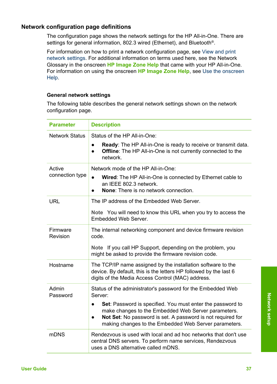 General network settings, Subnet mask, see | HP 2570 User Manual | Page 40 / 142