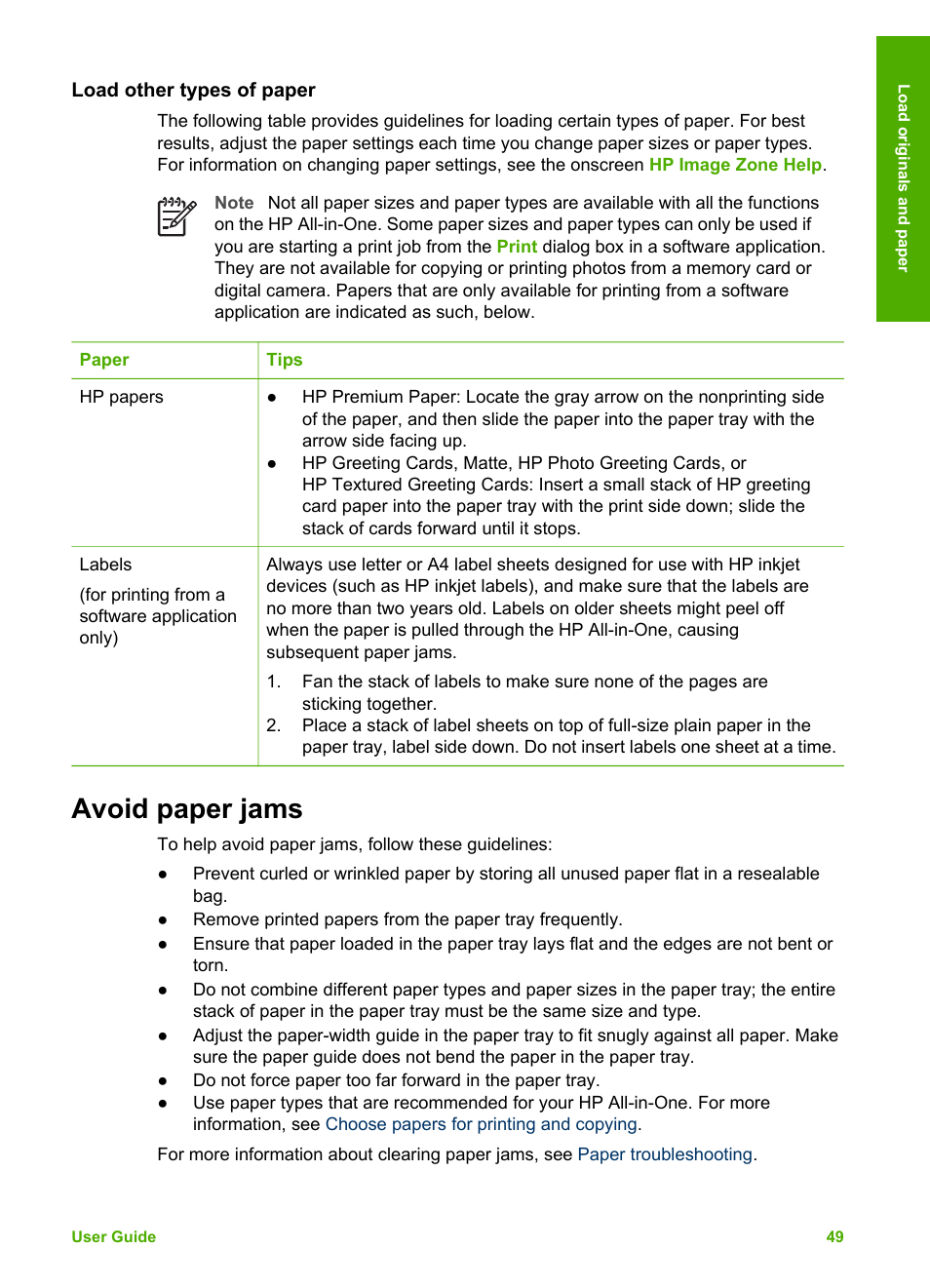 Load other types of paper, Avoid paper jams | HP 2570 User Manual | Page 52 / 142