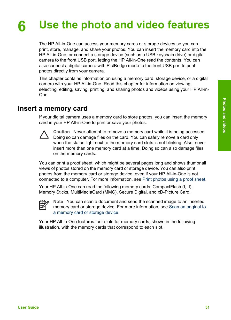 Use the photo and video features, Insert a memory card | HP 2570 User Manual | Page 54 / 142