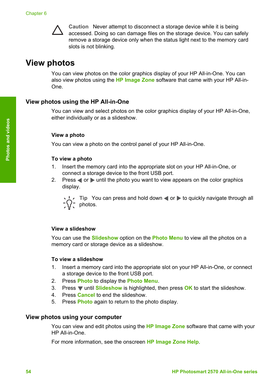 View photos, View photos using the hp all-in-one, View a photo | View a slideshow, View photos using your computer | HP 2570 User Manual | Page 57 / 142