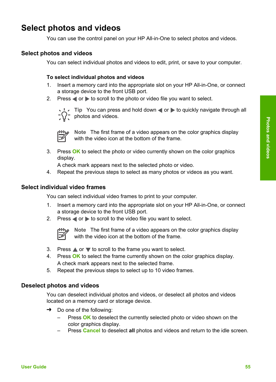 Select photos and videos, Select individual video frames, Deselect photos and videos | HP 2570 User Manual | Page 58 / 142