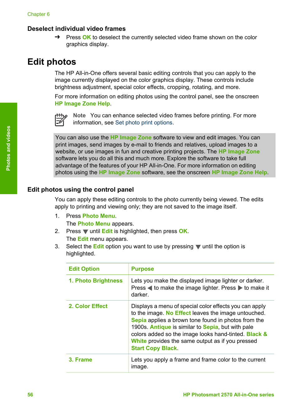 Deselect individual video frames, Edit photos, Edit photos using the control panel | HP 2570 User Manual | Page 59 / 142