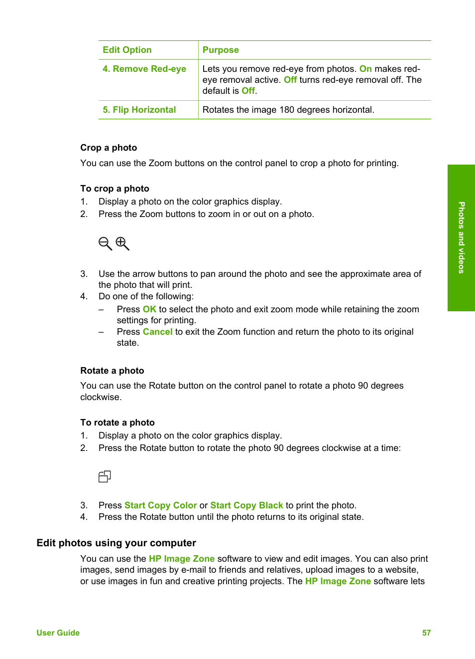 Crop a photo, Rotate a photo, Edit photos using your computer | HP 2570 User Manual | Page 60 / 142