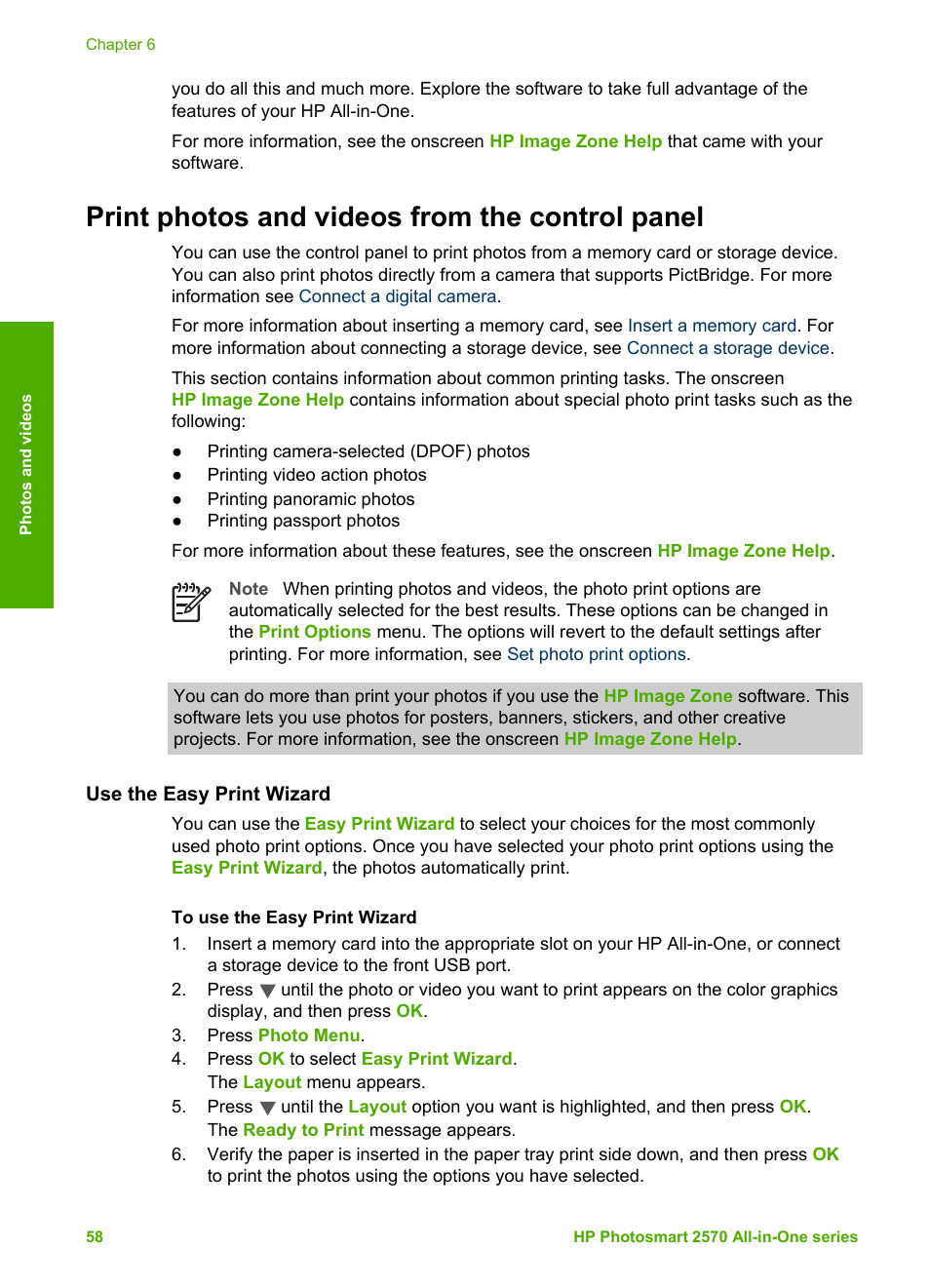 Print photos and videos from the control panel, Use the easy print wizard | HP 2570 User Manual | Page 61 / 142