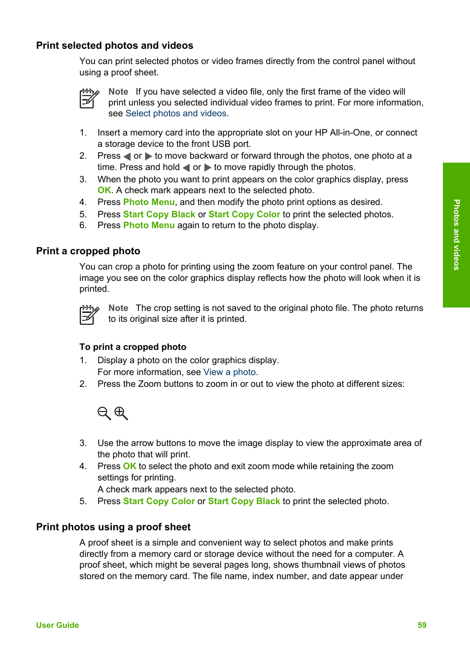 Print selected photos and videos, Print a cropped photo, Print photos using a proof sheet | HP 2570 User Manual | Page 62 / 142