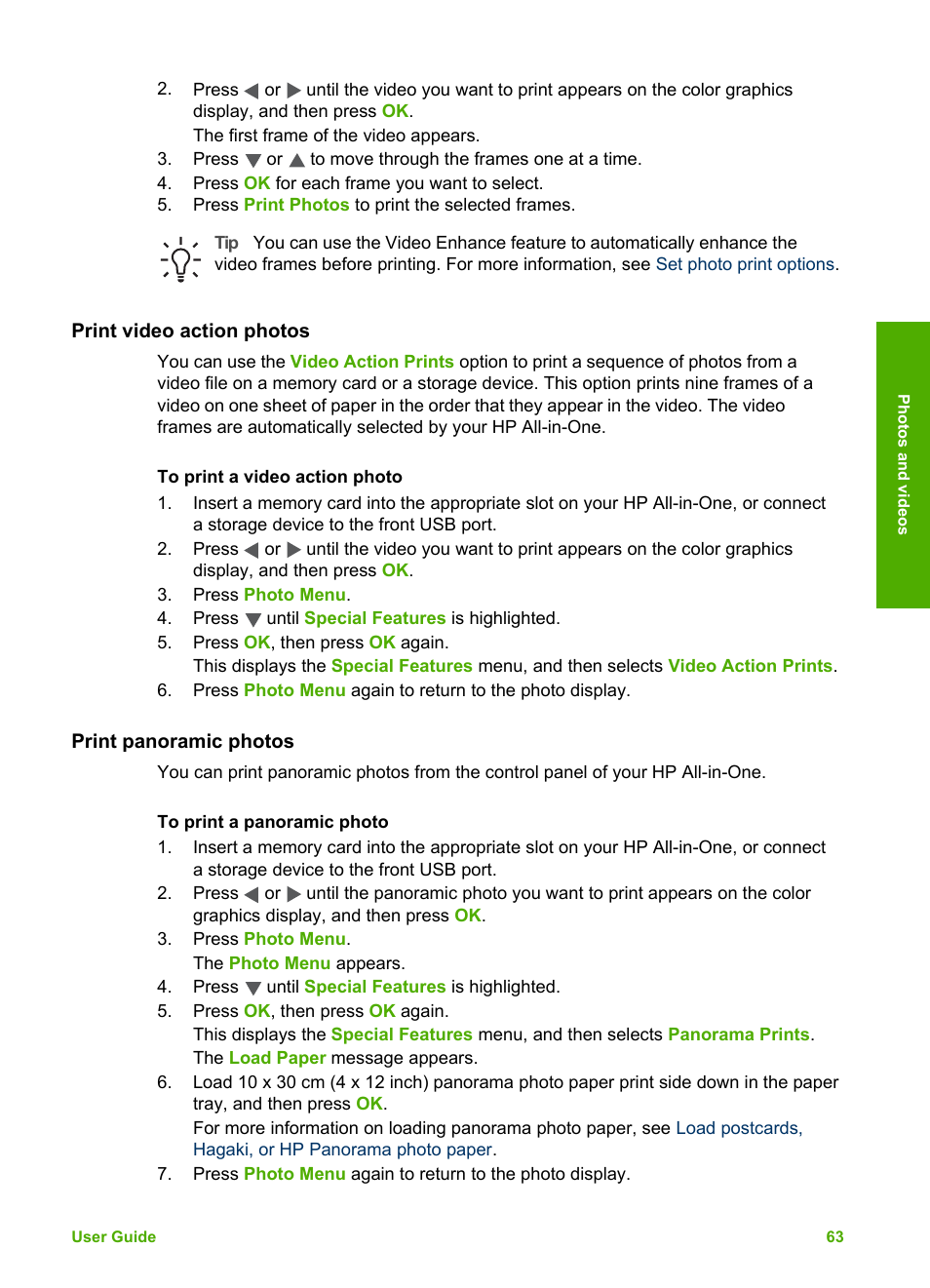 Print video action photos, Print panoramic photos | HP 2570 User Manual | Page 66 / 142