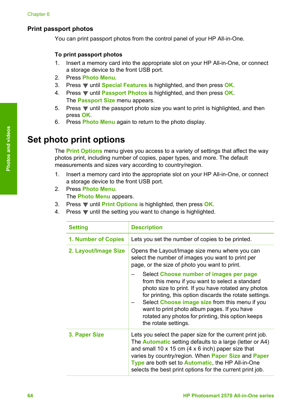 Print passport photos, Set photo print options | HP 2570 User Manual | Page 67 / 142