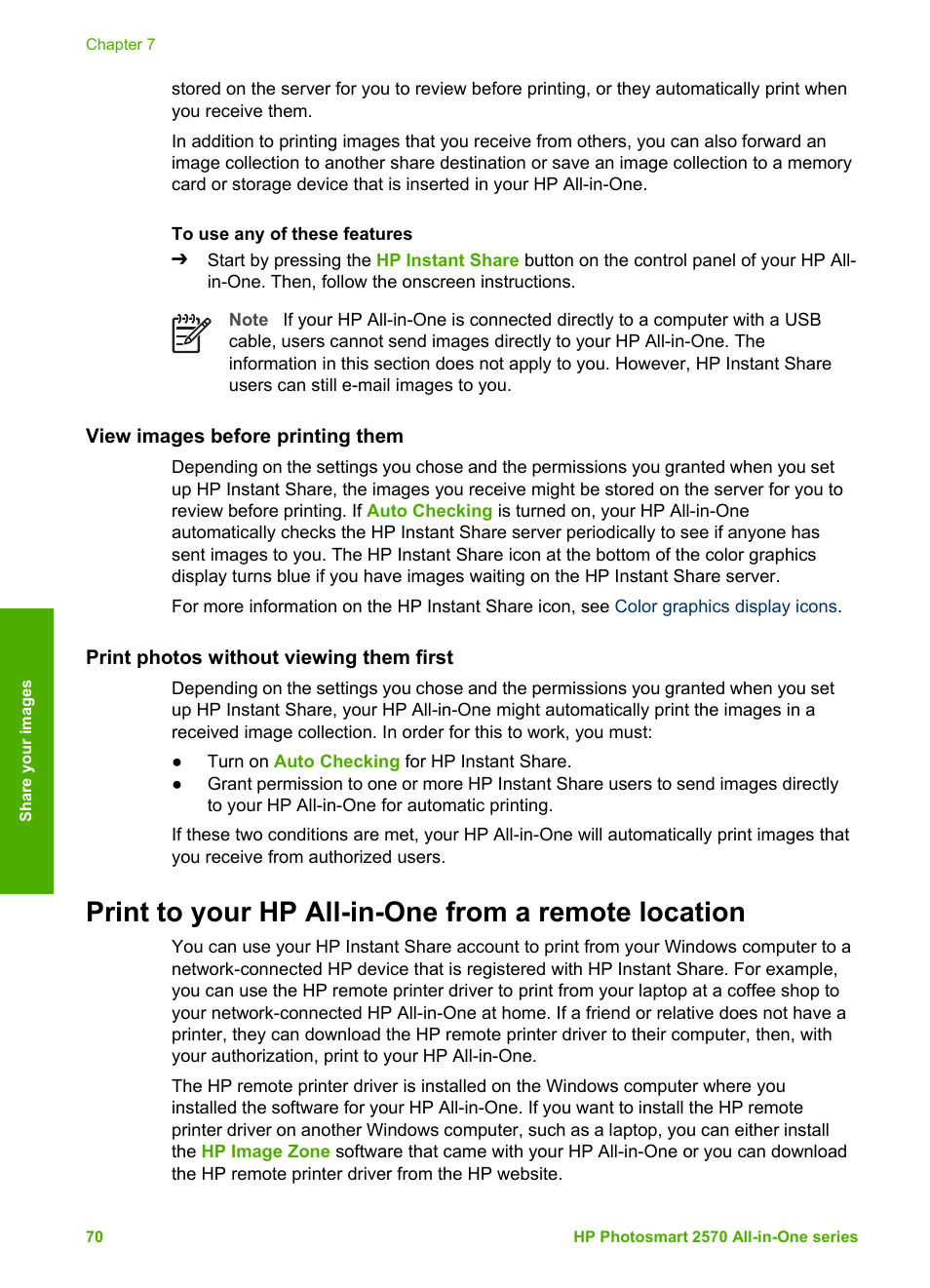 View images before printing them, Print photos without viewing them first, Print to your hp all-in-one from a remote location | HP 2570 User Manual | Page 73 / 142