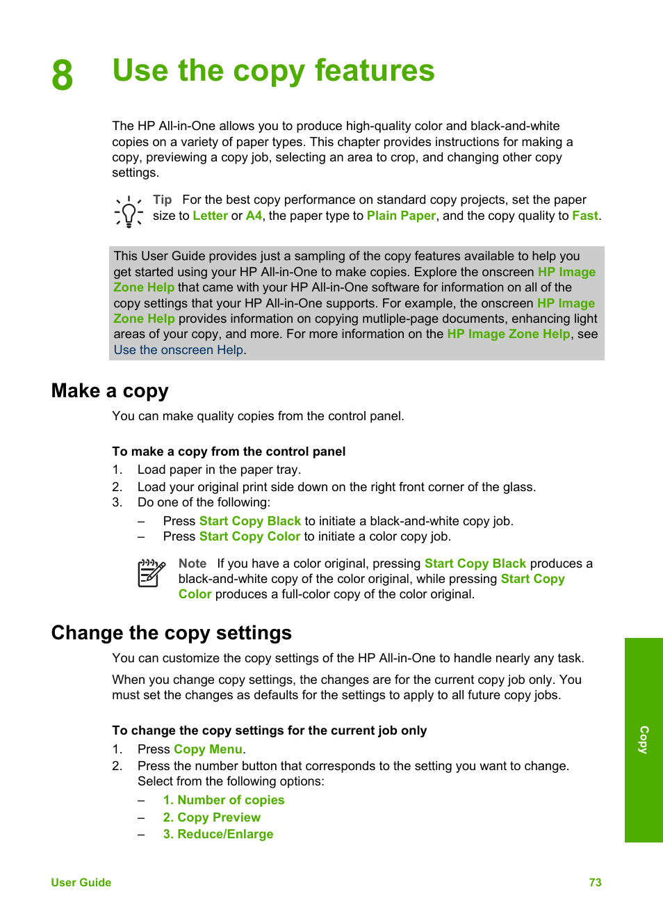 Use the copy features, Make a copy, Change the copy settings | Make a copy change the copy settings | HP 2570 User Manual | Page 76 / 142