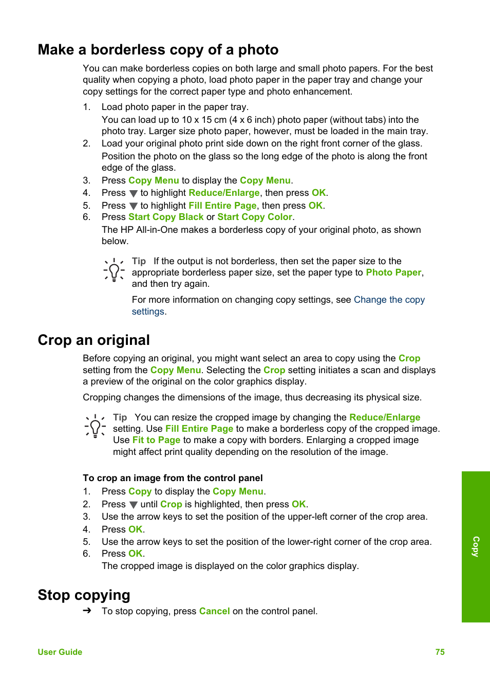 Make a borderless copy of a photo, Crop an original, Stop copying | Crop an original stop copying | HP 2570 User Manual | Page 78 / 142