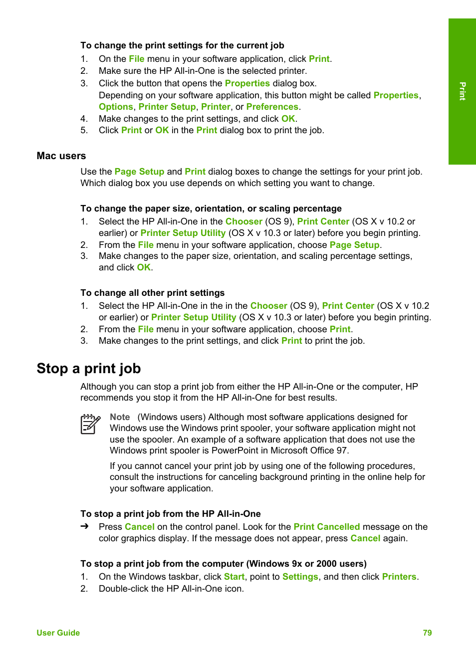 Mac users, Stop a print job | HP 2570 User Manual | Page 82 / 142