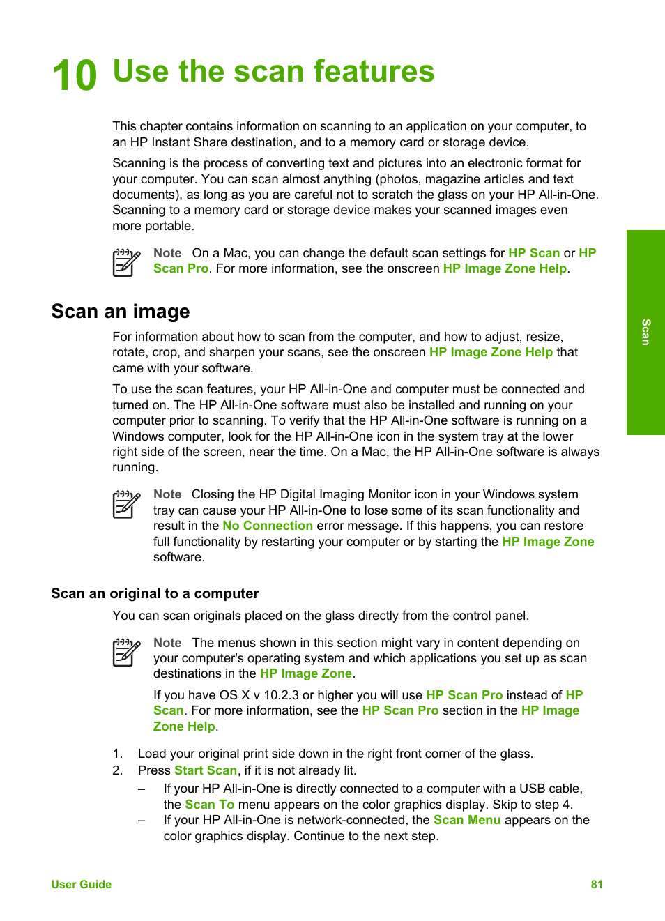 Use the scan features, Scan an image, Scan an original to a computer | 10 use the scan features | HP 2570 User Manual | Page 84 / 142