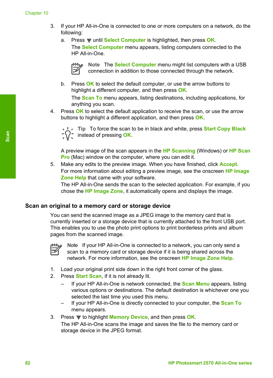 Scan an original to, A memory card or storage device | HP 2570 User Manual | Page 85 / 142