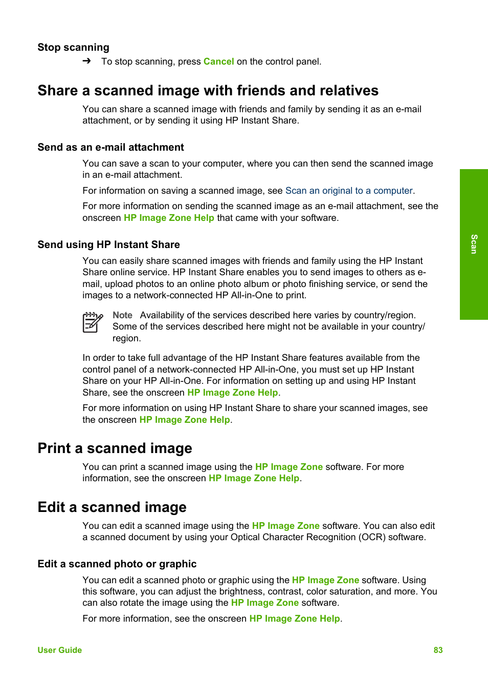 Stop scanning, Share a scanned image with friends and relatives, Send as an e-mail attachment | Send using hp instant share, Print a scanned image, Edit a scanned image, Edit a scanned photo or graphic | HP 2570 User Manual | Page 86 / 142