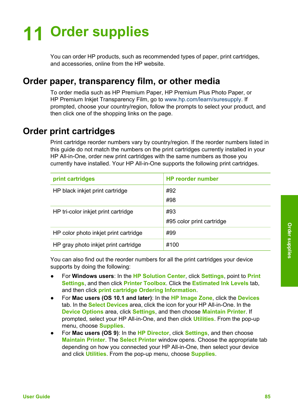 Order supplies, Order paper, transparency film, or other media, Order print cartridges | 11 order supplies | HP 2570 User Manual | Page 88 / 142