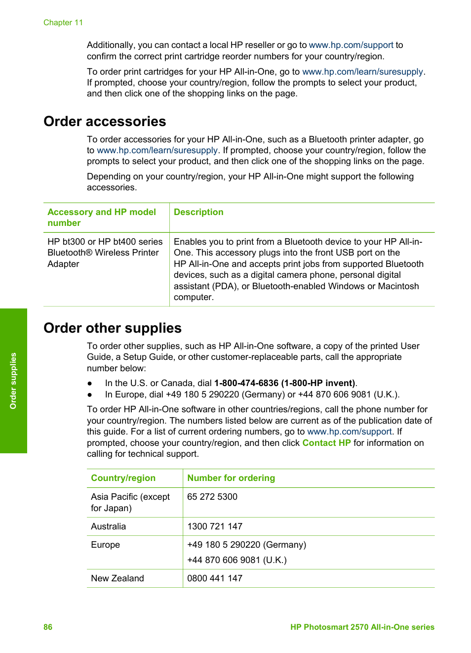 Order accessories, Order other supplies, Order accessories order other supplies | HP 2570 User Manual | Page 89 / 142