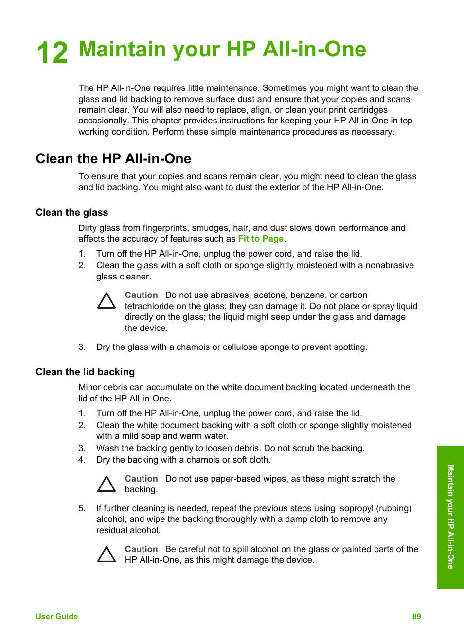 Maintain your hp all-in-one, Clean the hp all-in-one, Clean the glass | Clean the lid backing, 12 maintain your hp all-in-one | HP 2570 User Manual | Page 92 / 142