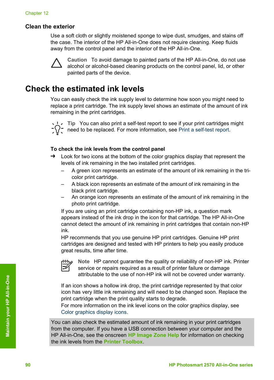 Clean the exterior, Check the estimated ink levels | HP 2570 User Manual | Page 93 / 142