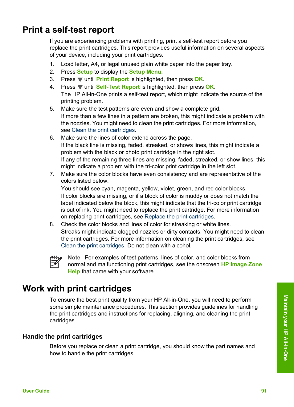 Print a self-test report, Work with print cartridges, Handle the print cartridges | HP 2570 User Manual | Page 94 / 142