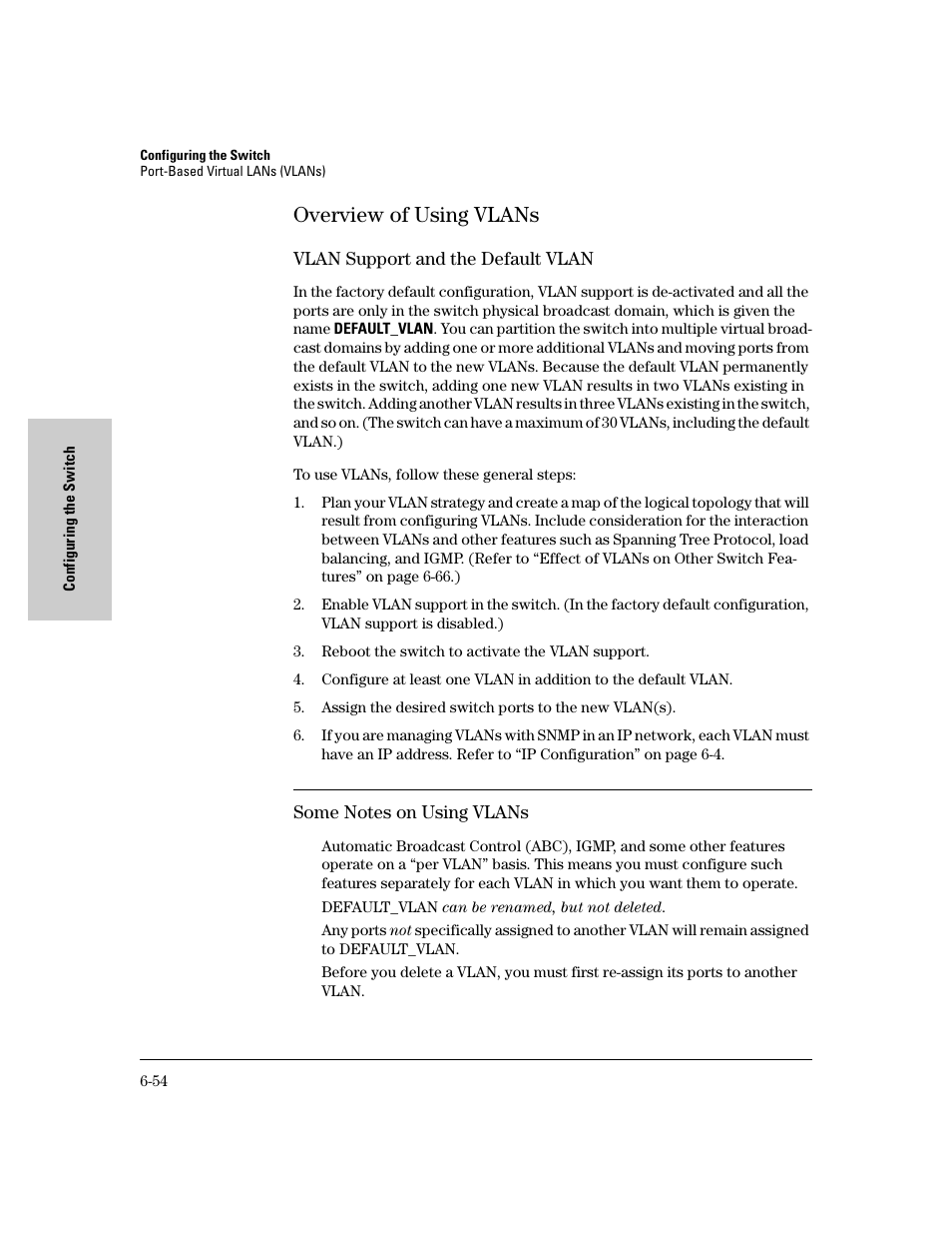 Overview of using vlans, Vlan support and the default vlan, Some notes on using vlans | Overview of using vlans -54 | HP 8000M User Manual | Page 130 / 304