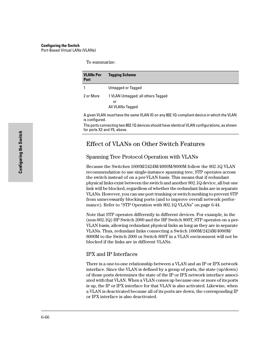 Effect of vlans on other switch features, Spanning tree protocol operation with vlans, Ipx and ip interfaces | Effect of vlans on other switch features -66 | HP 8000M User Manual | Page 142 / 304