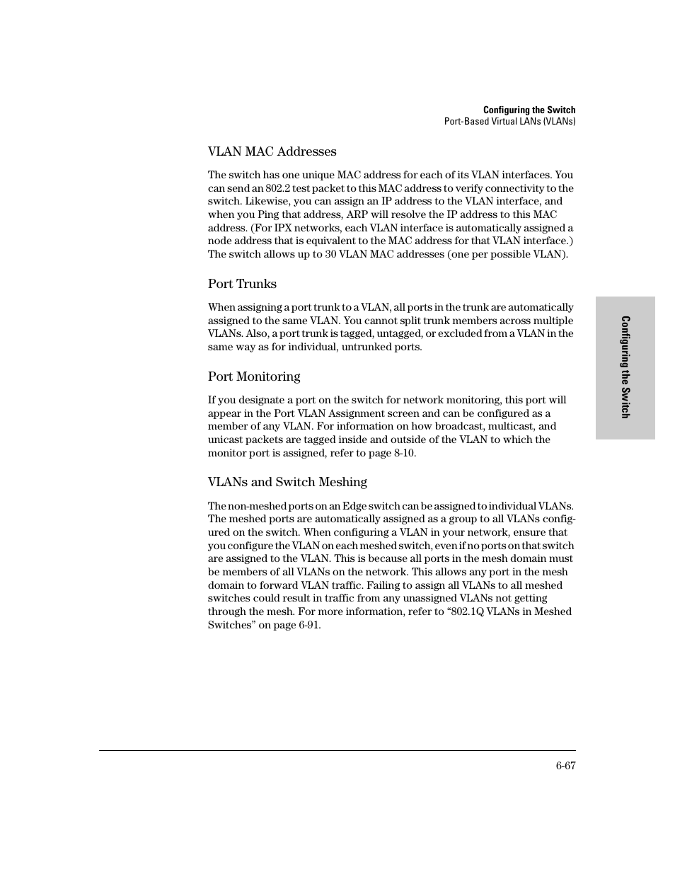 Vlan mac addresses, Port trunks, Port monitoring | Vlans and switch meshing | HP 8000M User Manual | Page 143 / 304