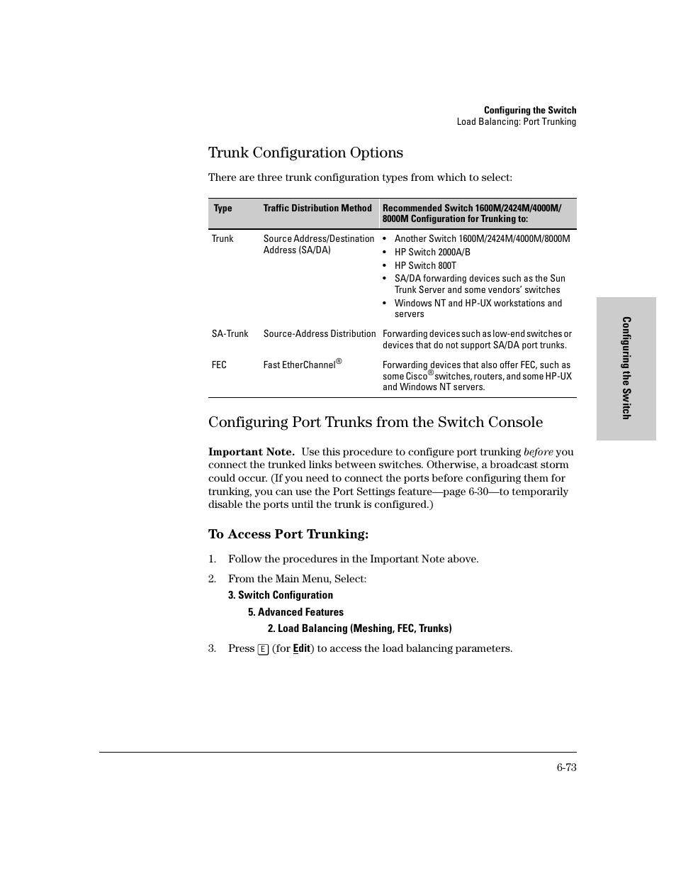 Trunk configuration options, Configuring port trunks from the switch console, Trunk configuration options -73 | HP 8000M User Manual | Page 149 / 304