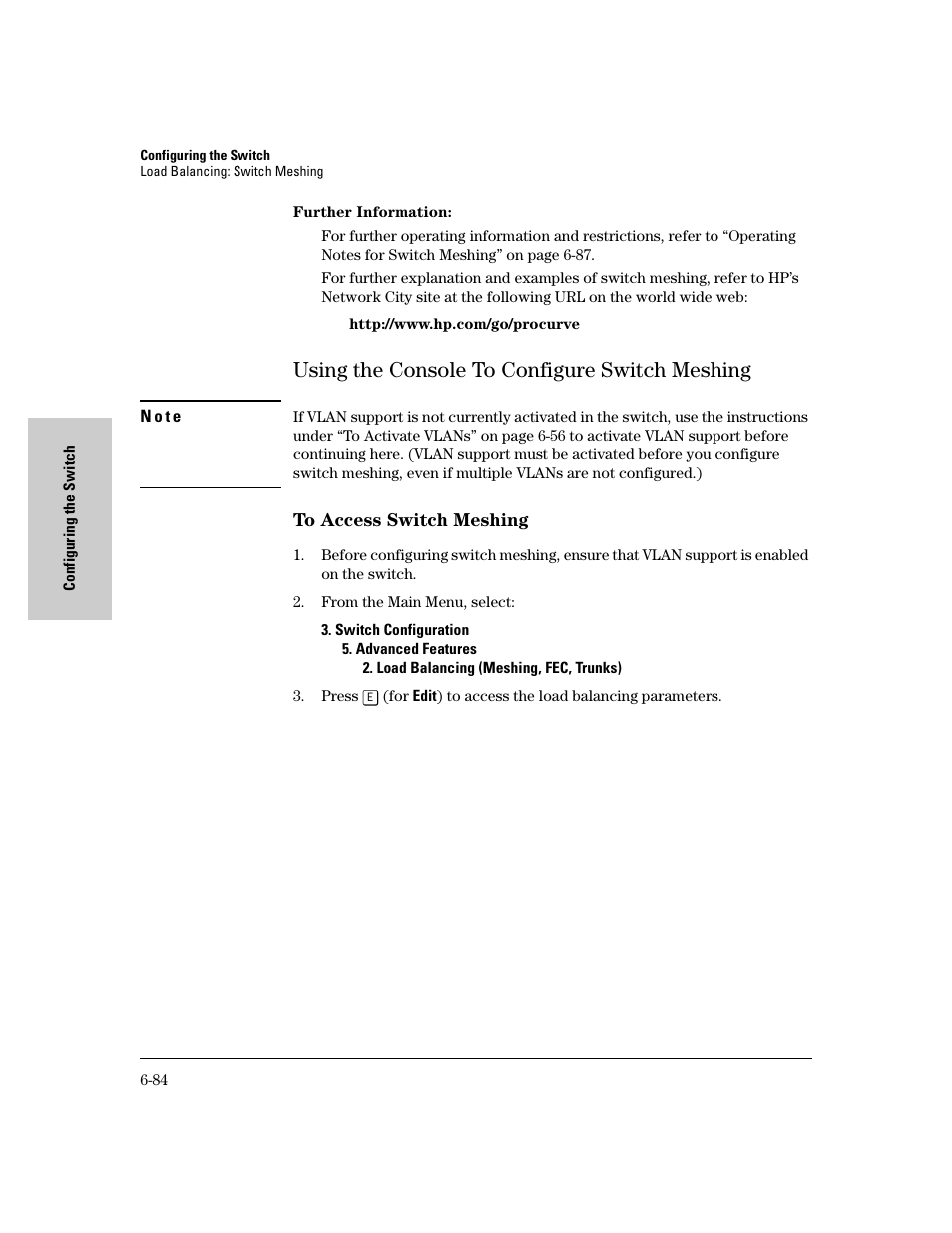 Using the console to configure switch meshing, Using the console to configure switch meshing -84 | HP 8000M User Manual | Page 160 / 304