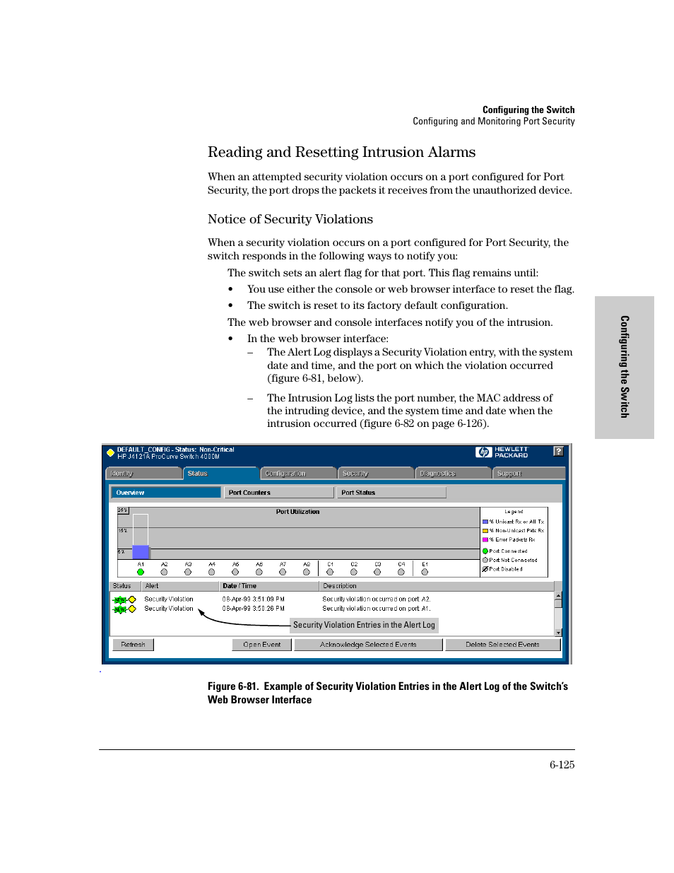 Reading and resetting intrusion alarms, Notice of security violations, Reading and resetting intrusion alarms -125 | Notice of security violations -125 | HP 8000M User Manual | Page 201 / 304
