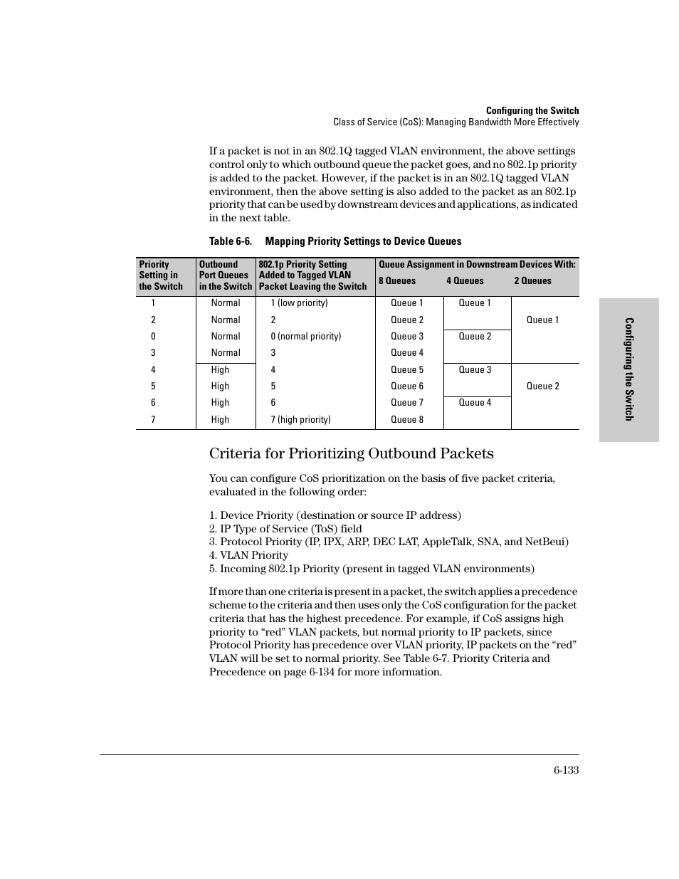 Criteria for prioritizing outbound packets, Criteria for prioritizing outbound packets -133 | HP 8000M User Manual | Page 209 / 304