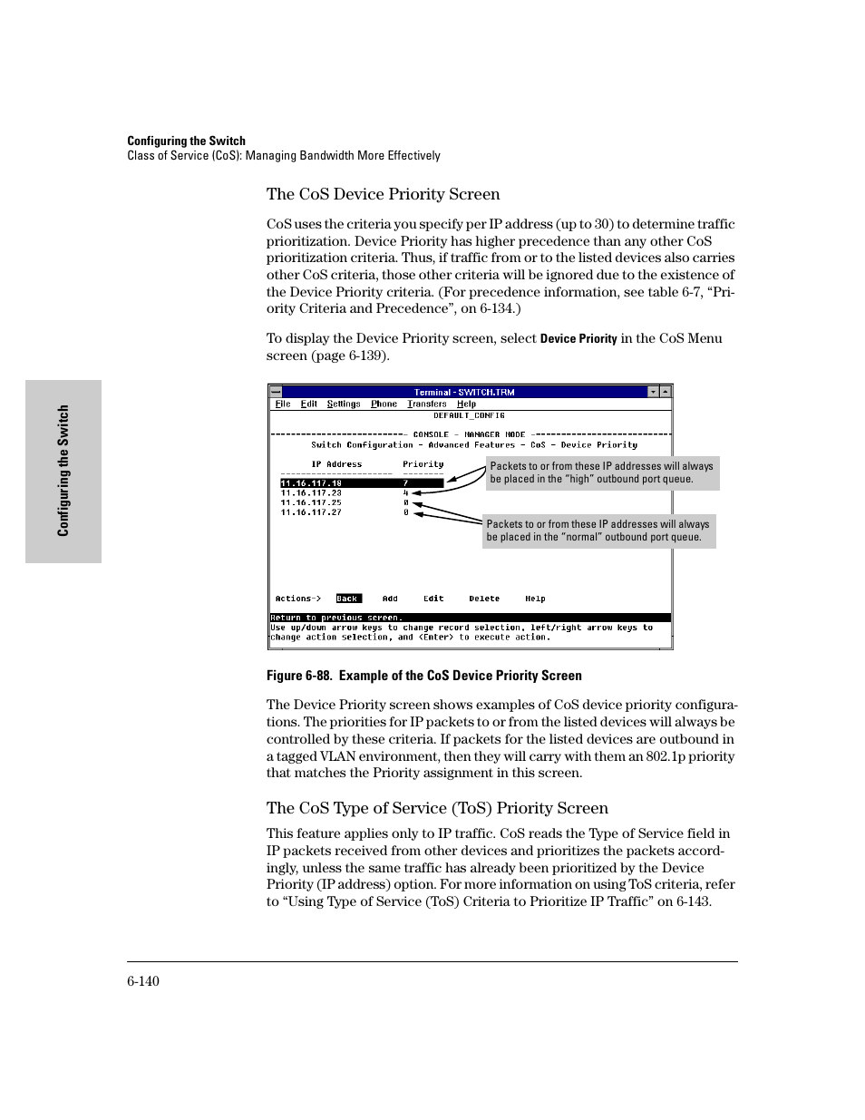 The cos device priority screen, The cos type of service (tos) priority screen | HP 8000M User Manual | Page 216 / 304