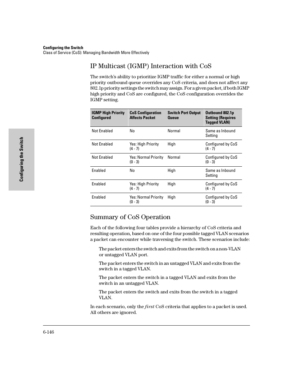 Ip multicast (igmp) interaction with cos, Summary of cos operation, Ip multicast (igmp) interaction with cos -146 | Summary of cos operation -146 | HP 8000M User Manual | Page 222 / 304