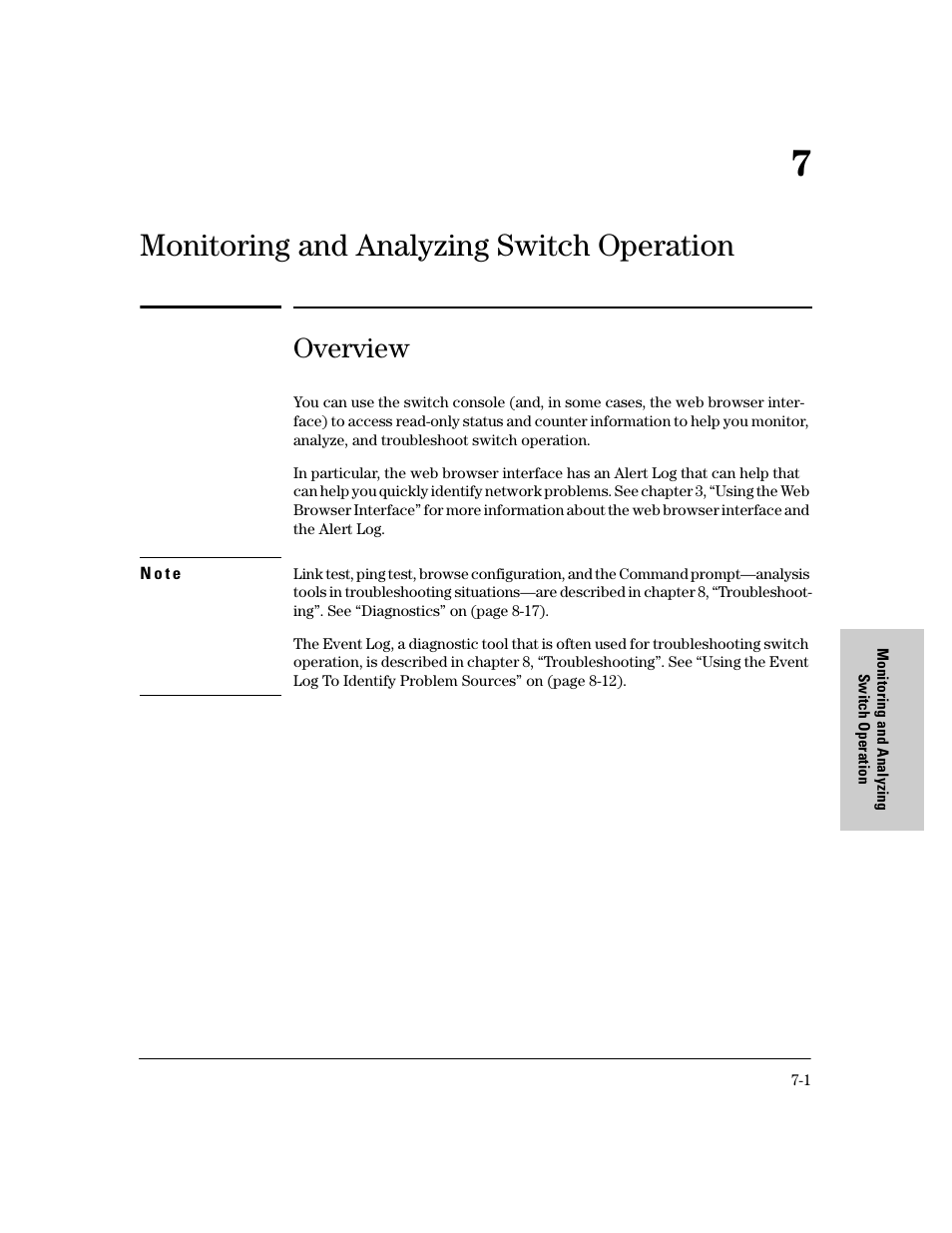 Overview, 7 monitoring and analyzing switch operation, Monitoring and analyzing switch operation | HP 8000M User Manual | Page 229 / 304