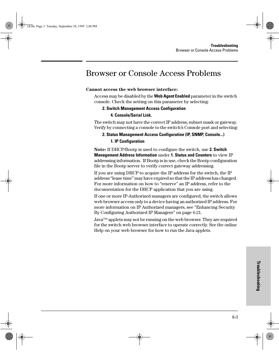 Browser or console access problems | HP 8000M User Manual | Page 255 / 304