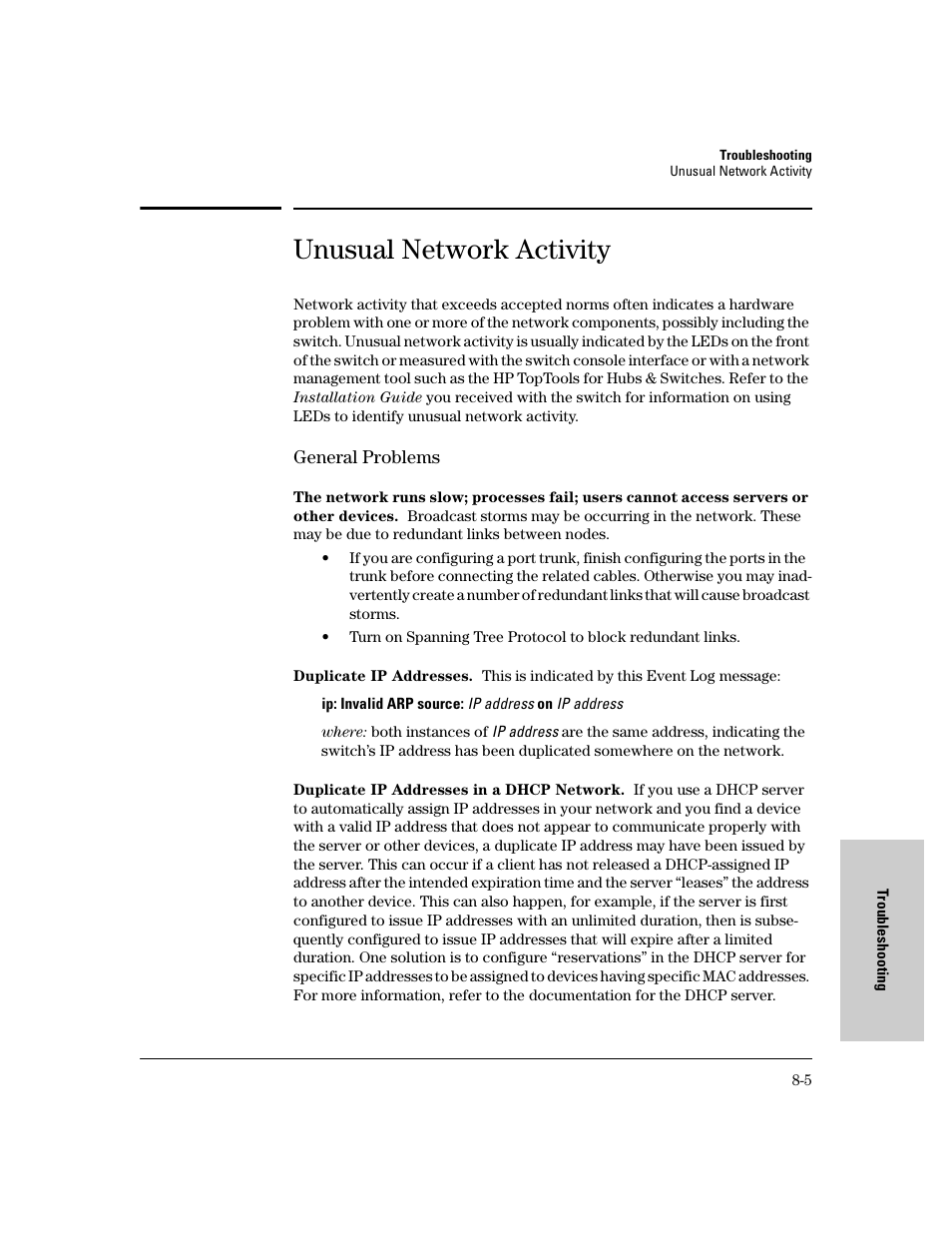 Unusual network activity, General problems, General problems -5 | HP 8000M User Manual | Page 257 / 304