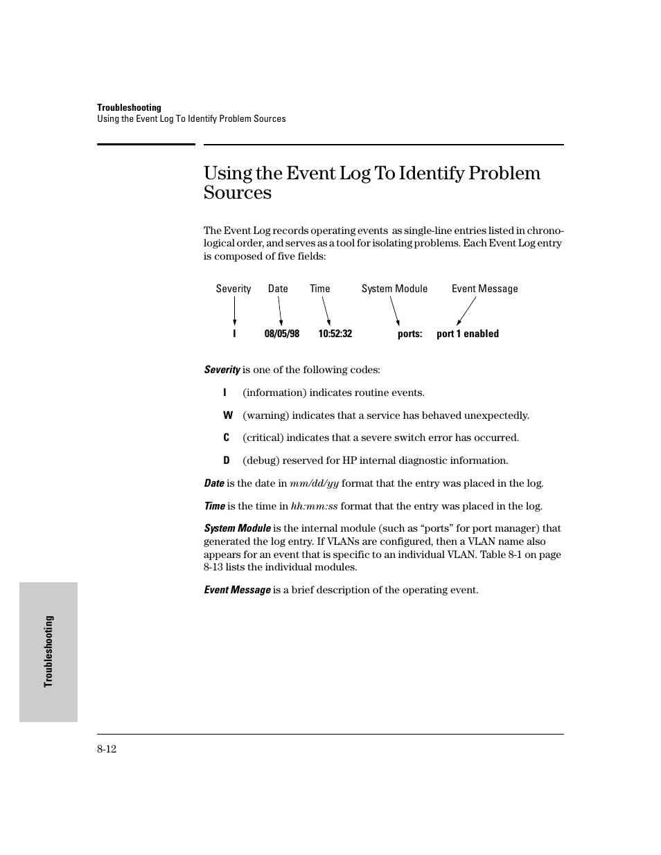 Using the event log to identify problem sources | HP 8000M User Manual | Page 264 / 304