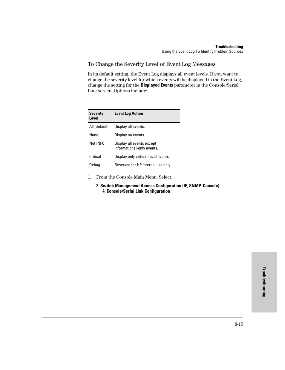 To change the severity level of event log messages | HP 8000M User Manual | Page 267 / 304